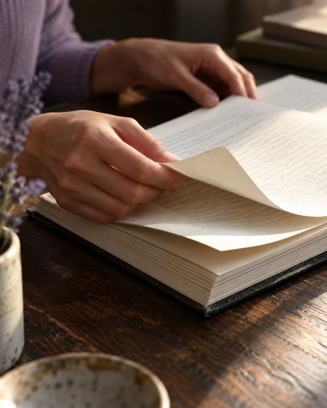 Hands turning the pages of a carefully prepared study guide