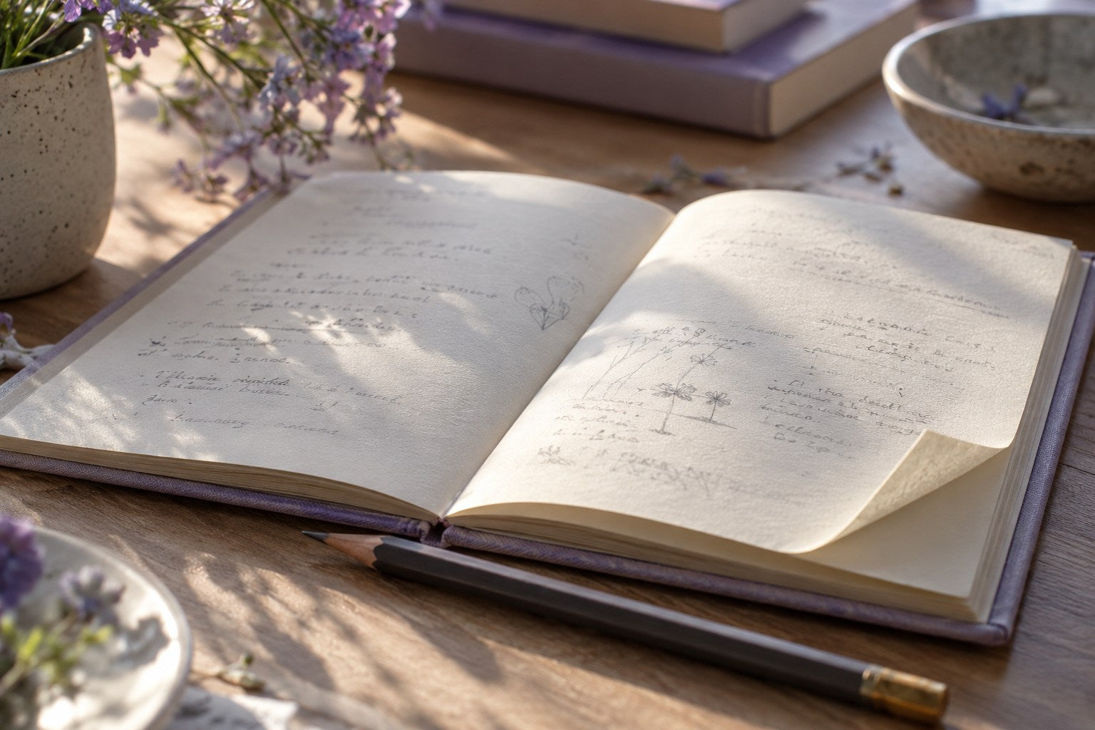 An open learning workbook and a pencil